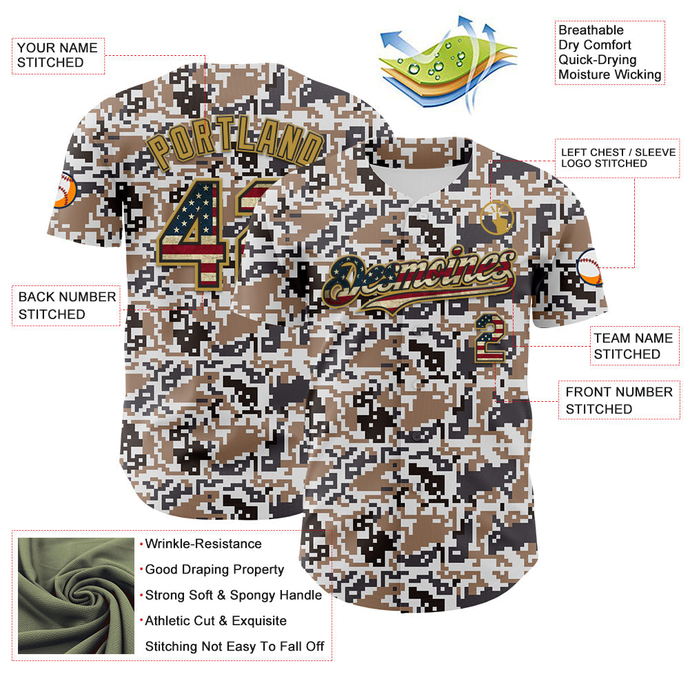 Custom Camo Vintage USA Flag Black-Old Gold Digital Camouflage Authentic Baseball Jersey view 3