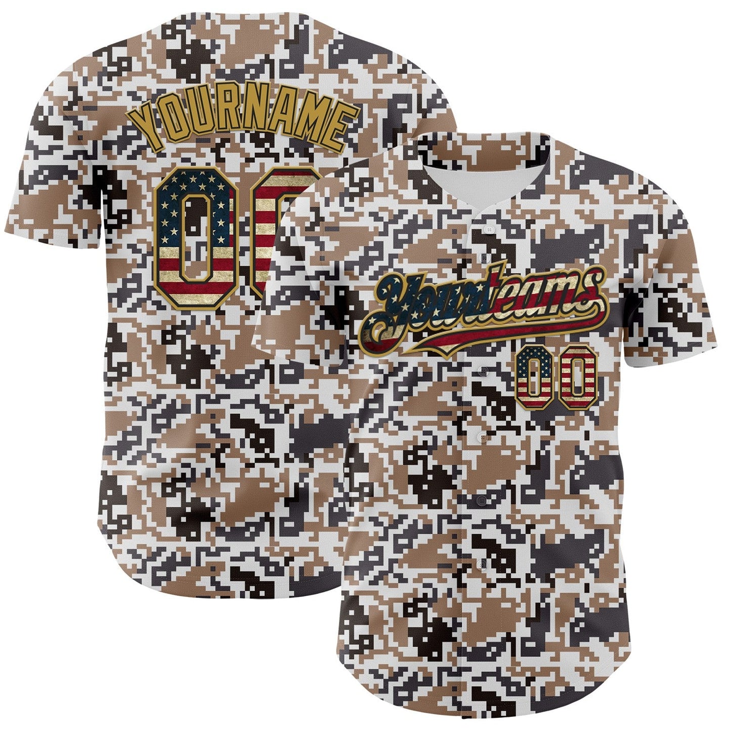 Custom Camo Vintage USA Flag Black-Old Gold Digital Camouflage Authentic Baseball Jersey - Main View