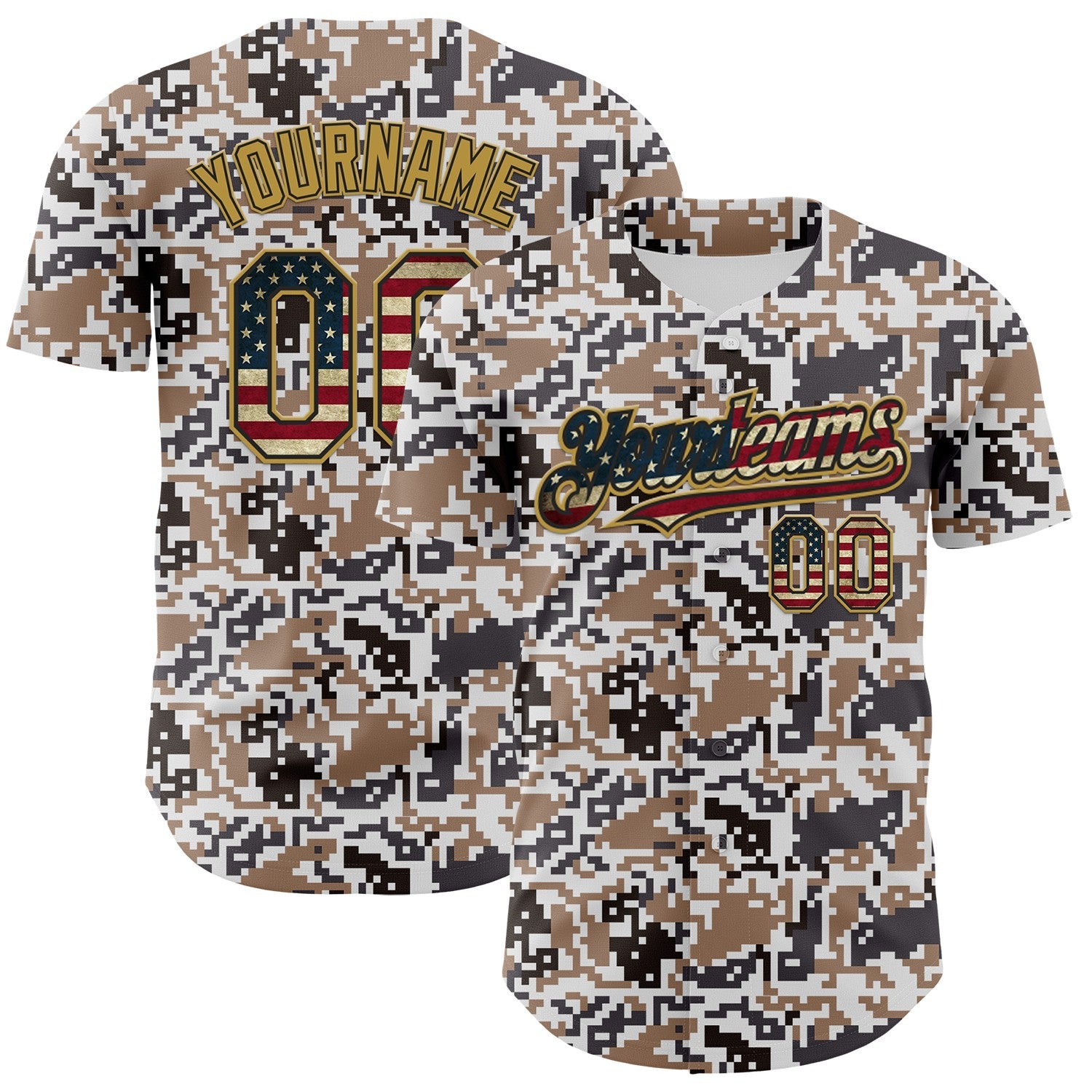 Custom Camo Vintage USA Flag Black-Old Gold Digital Camouflage Authentic Baseball Jersey - Main View