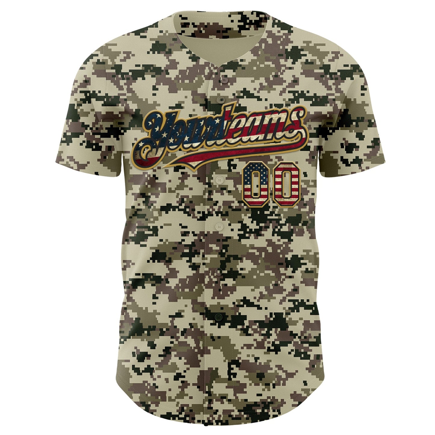 Custom Camo Vintage USA Flag Black-Old Gold Digital Camouflage Authentic Baseball Jersey view 2