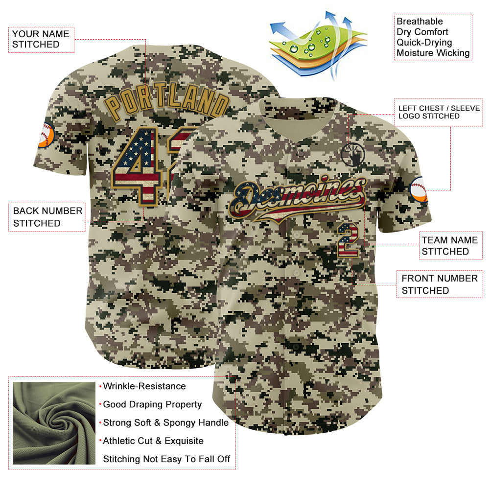 Custom Camo Vintage USA Flag Black-Old Gold Digital Camouflage Authentic Baseball Jersey view 3