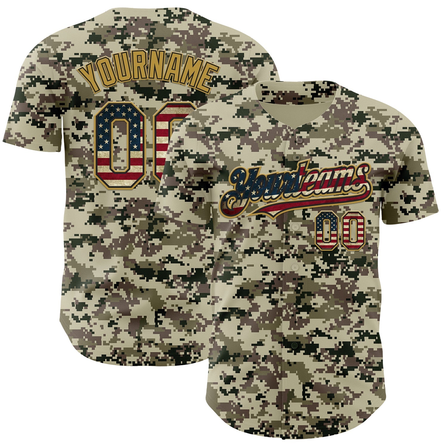 Custom Camo Vintage USA Flag Black-Old Gold Digital Camouflage Authentic Baseball Jersey - Main View