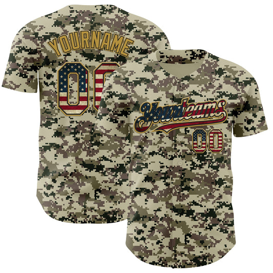 Custom Camo Vintage USA Flag Black-Old Gold Digital Camouflage Authentic Baseball Jersey - Main View