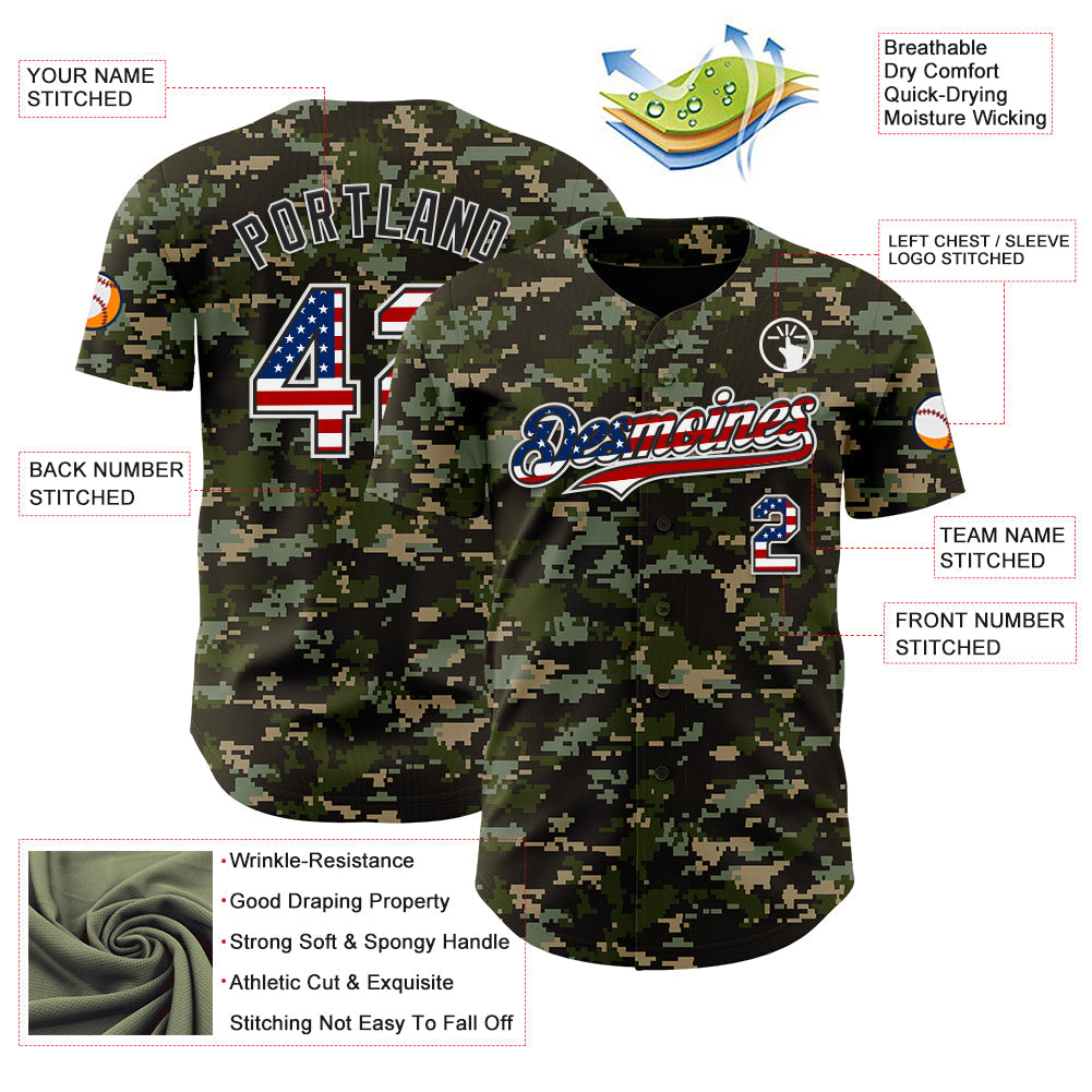 Custom Camo USA Flag Black-White Digital Camouflage Authentic Baseball Jersey view 3