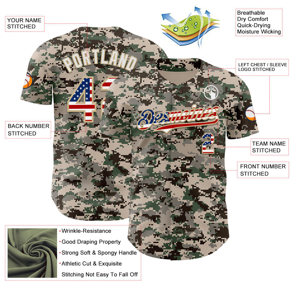Custom Camo USA Flag Vegas Gold-White Digital Camouflage Authentic Baseball Jersey view 3