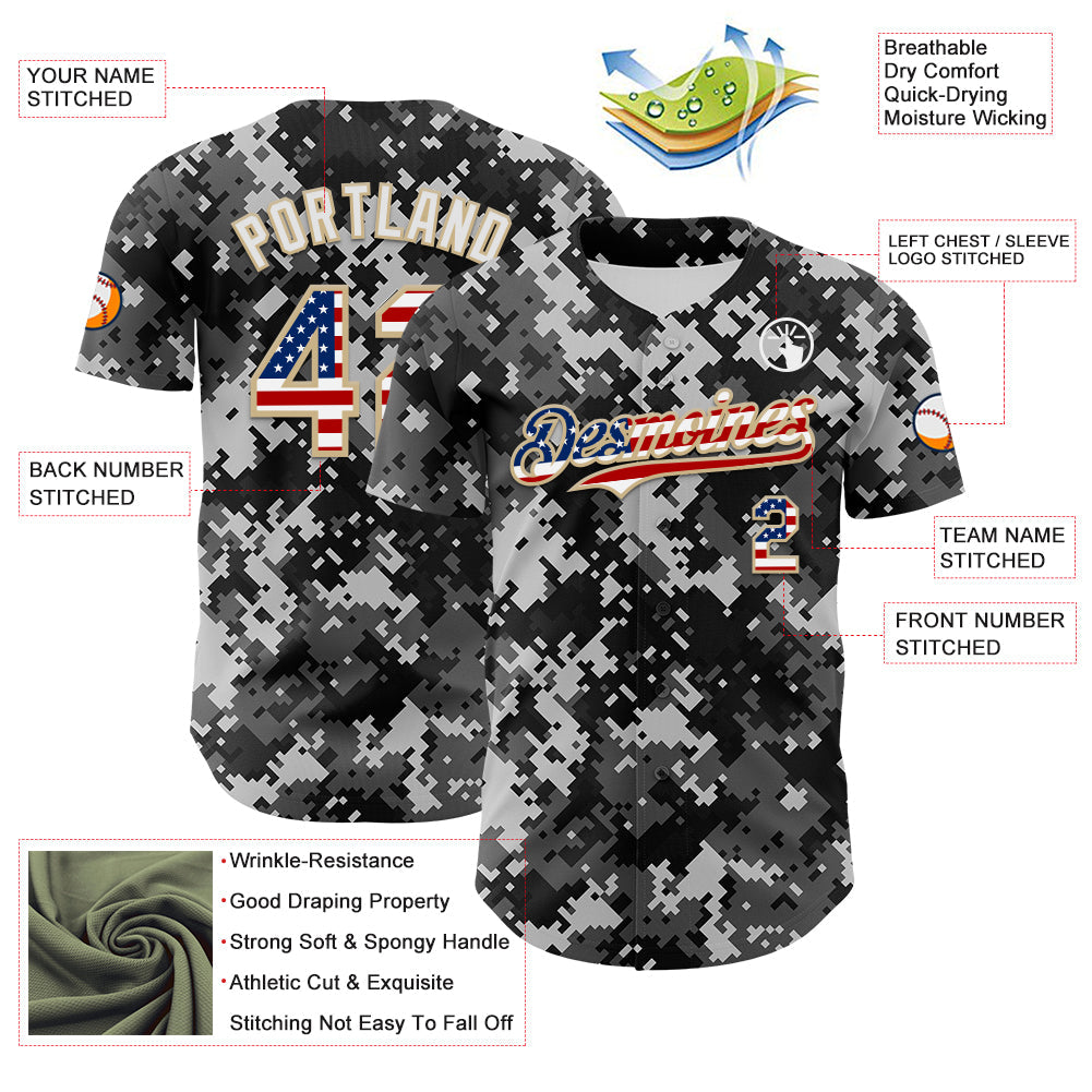 Custom Camo USA Flag Vegas Gold-White Digital Camouflage Authentic Baseball Jersey view 3