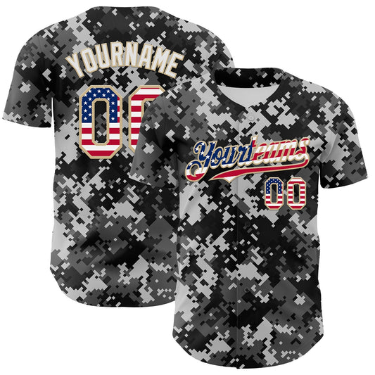 Custom Camo USA Flag Vegas Gold-White Digital Camouflage Authentic Baseball Jersey - Main View