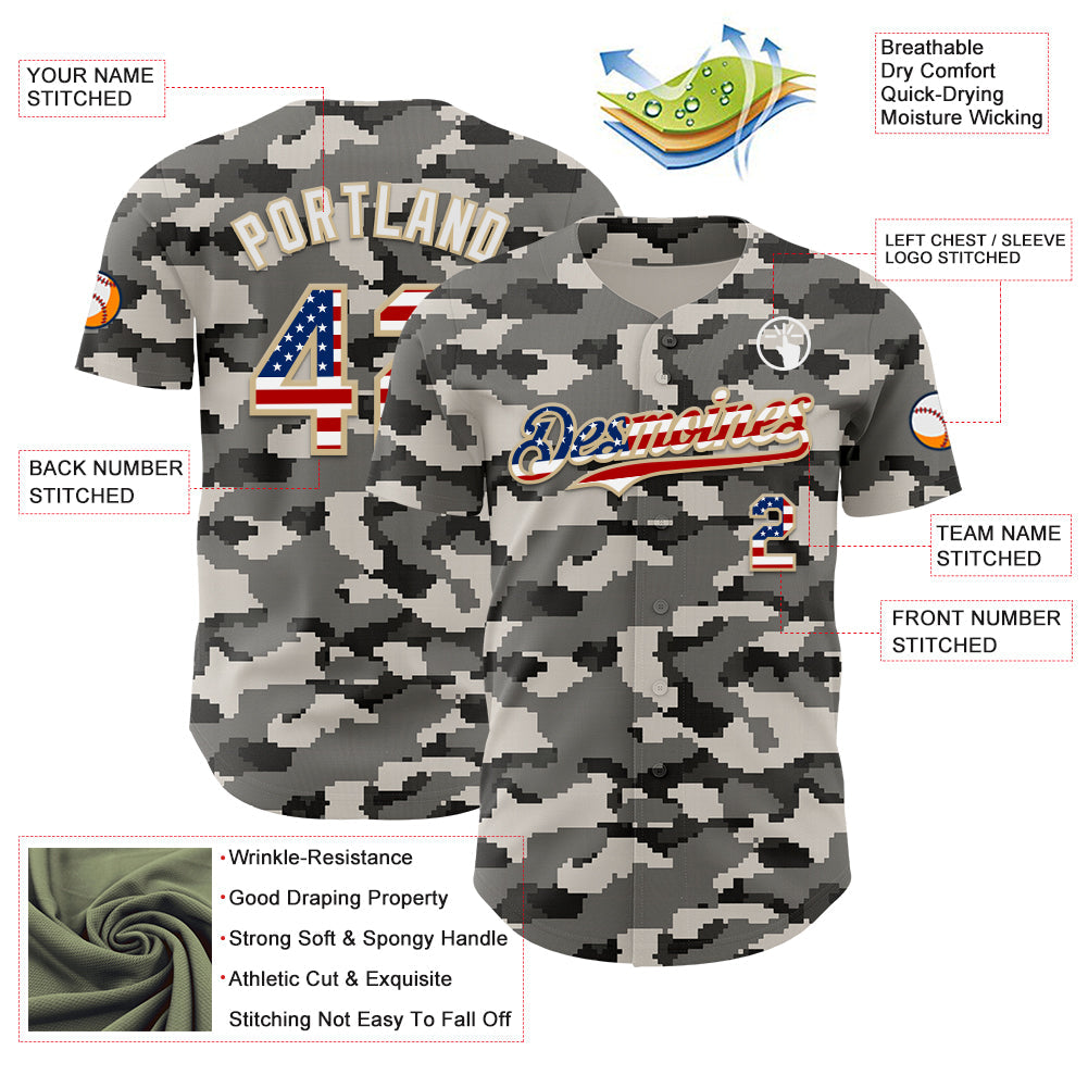 Custom Camo USA Flag Vegas Gold-White Digital Camouflage Authentic Baseball Jersey view 3
