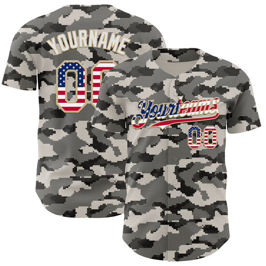 Custom Camo USA Flag Vegas Gold-White Digital Camouflage Authentic Baseball Jersey - Main View