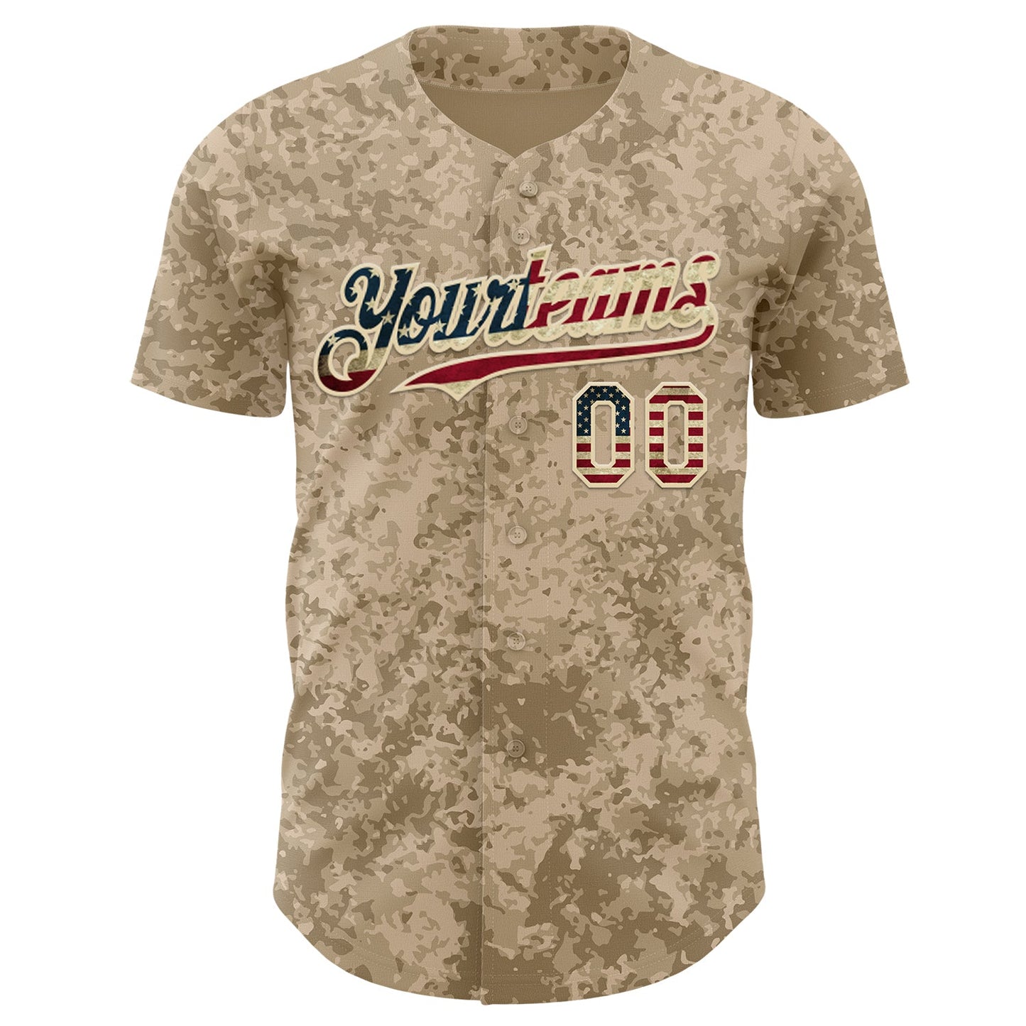 Custom Camo Vintage USA Flag Cream-Black Geometric Camouflage Authentic Baseball Jersey view 2