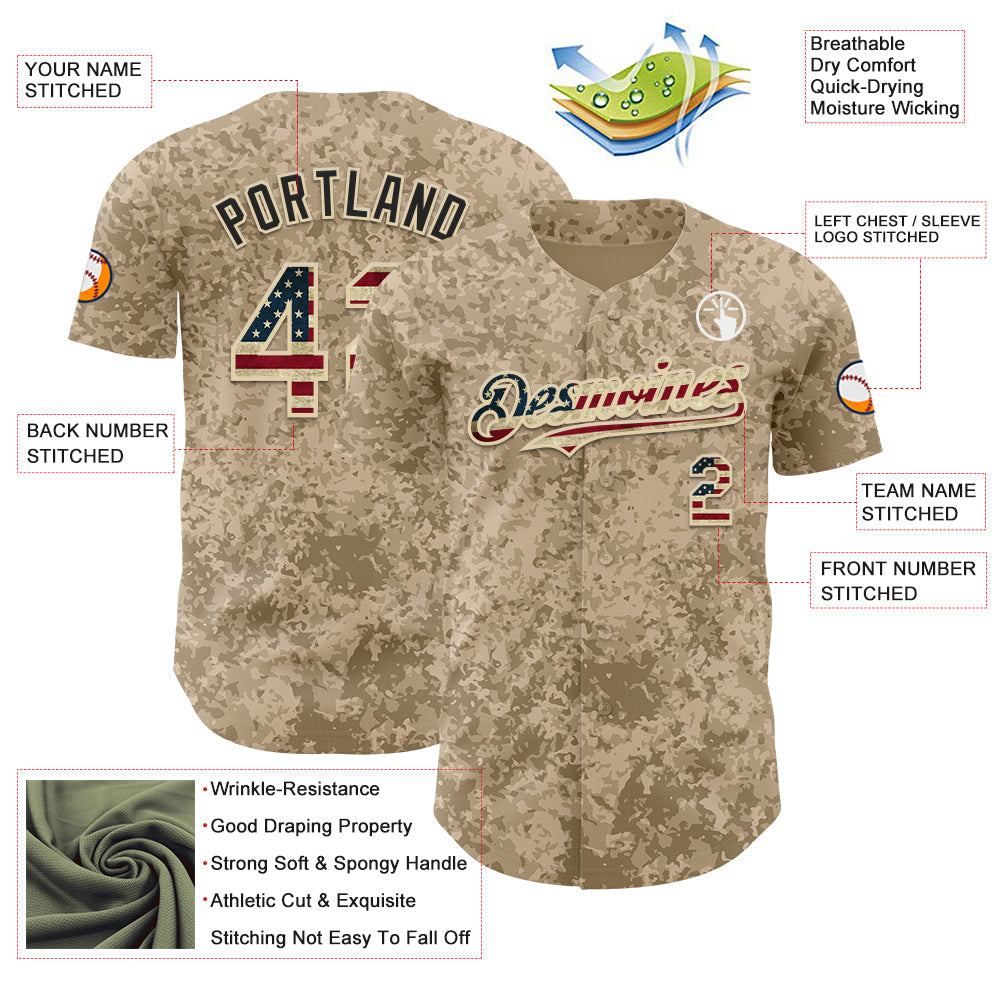 Custom Camo Vintage USA Flag Cream-Black Geometric Camouflage Authentic Baseball Jersey view 3