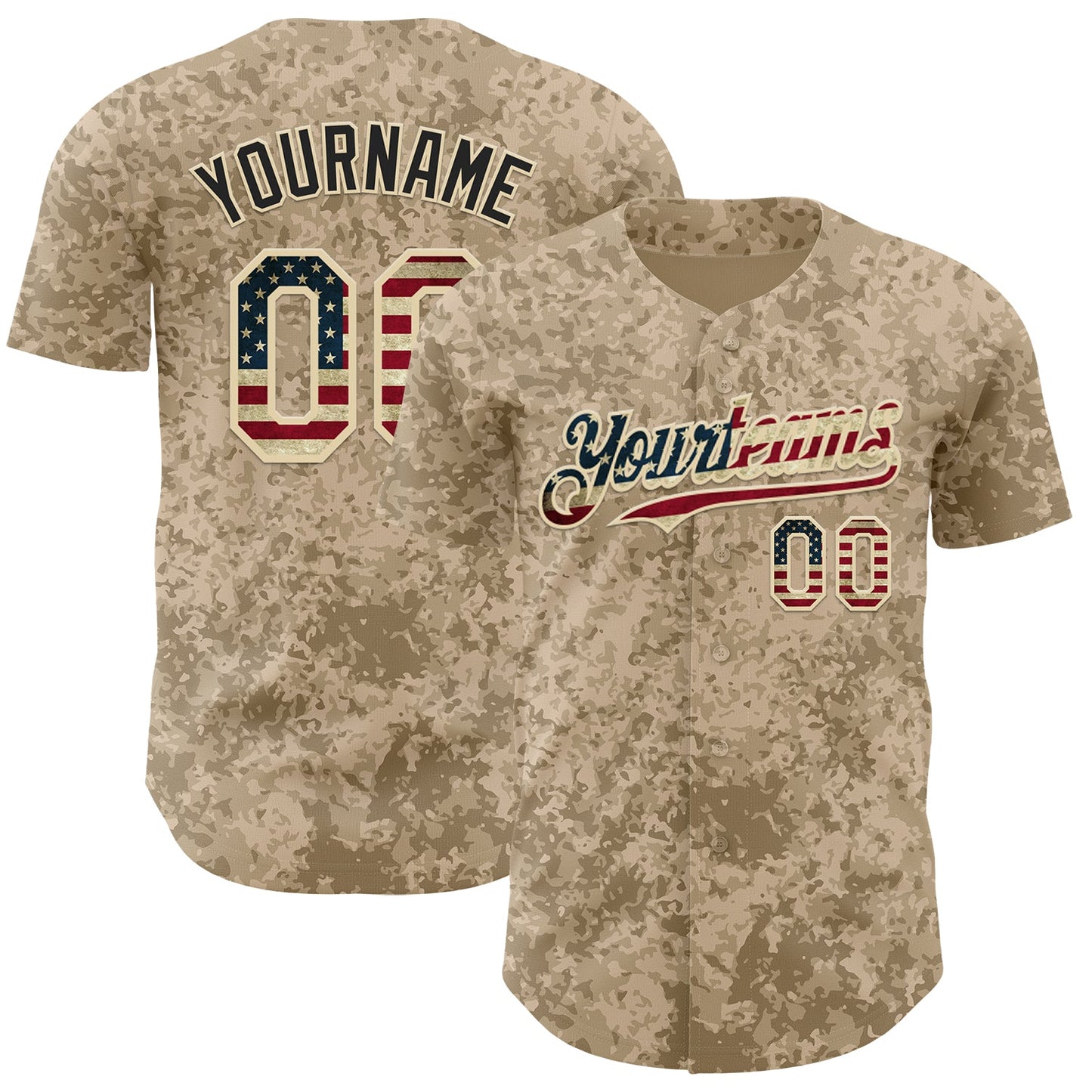 Custom Camo Vintage USA Flag Cream-Black Geometric Camouflage Authentic Baseball Jersey - Main View