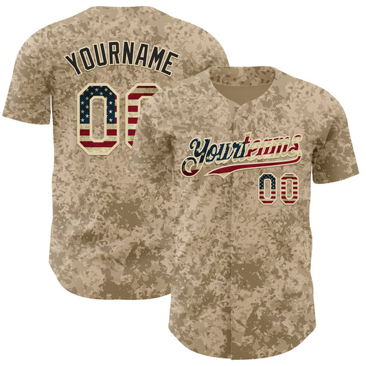 Custom Camo Vintage USA Flag Cream-Black Geometric Camouflage Authentic Baseball Jersey - Main View