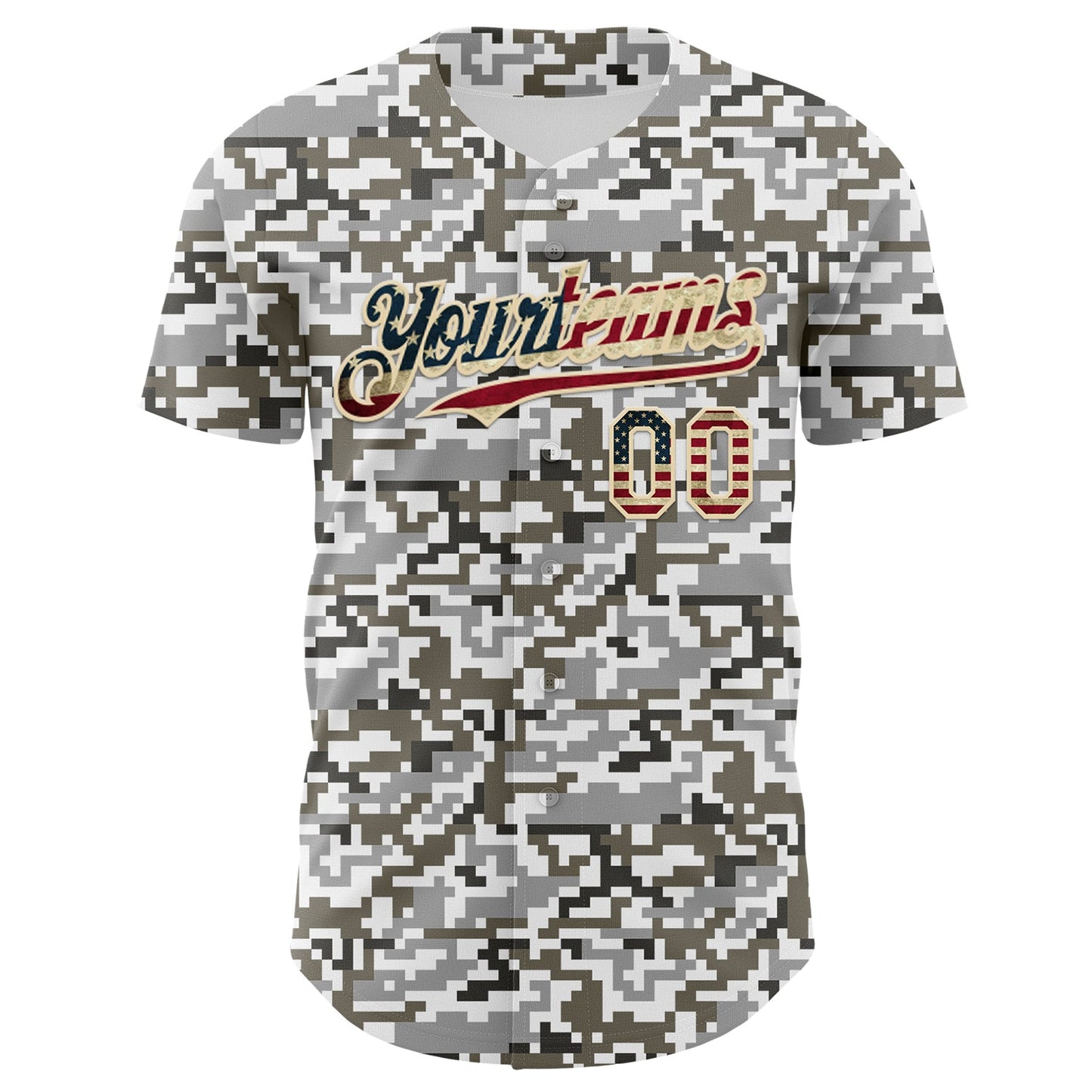 Custom Camo Vintage USA Flag Cream-Black Digital Camouflage Authentic Baseball Jersey view 2