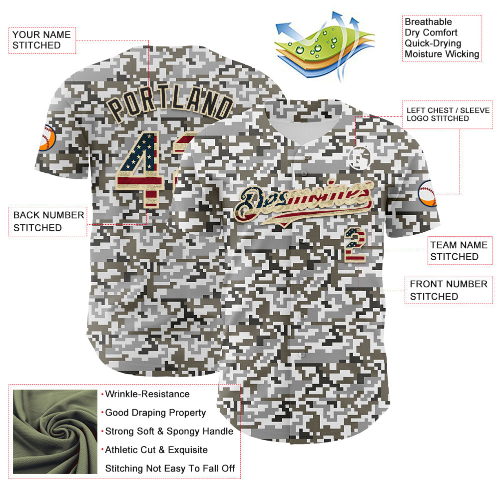 Custom Camo Vintage USA Flag Cream-Black Digital Camouflage Authentic Baseball Jersey view 3