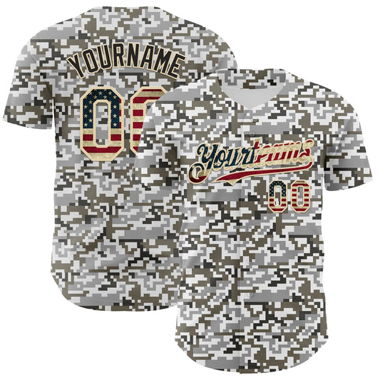 Custom Camo Vintage USA Flag Cream-Black Digital Camouflage Authentic Baseball Jersey - Main View