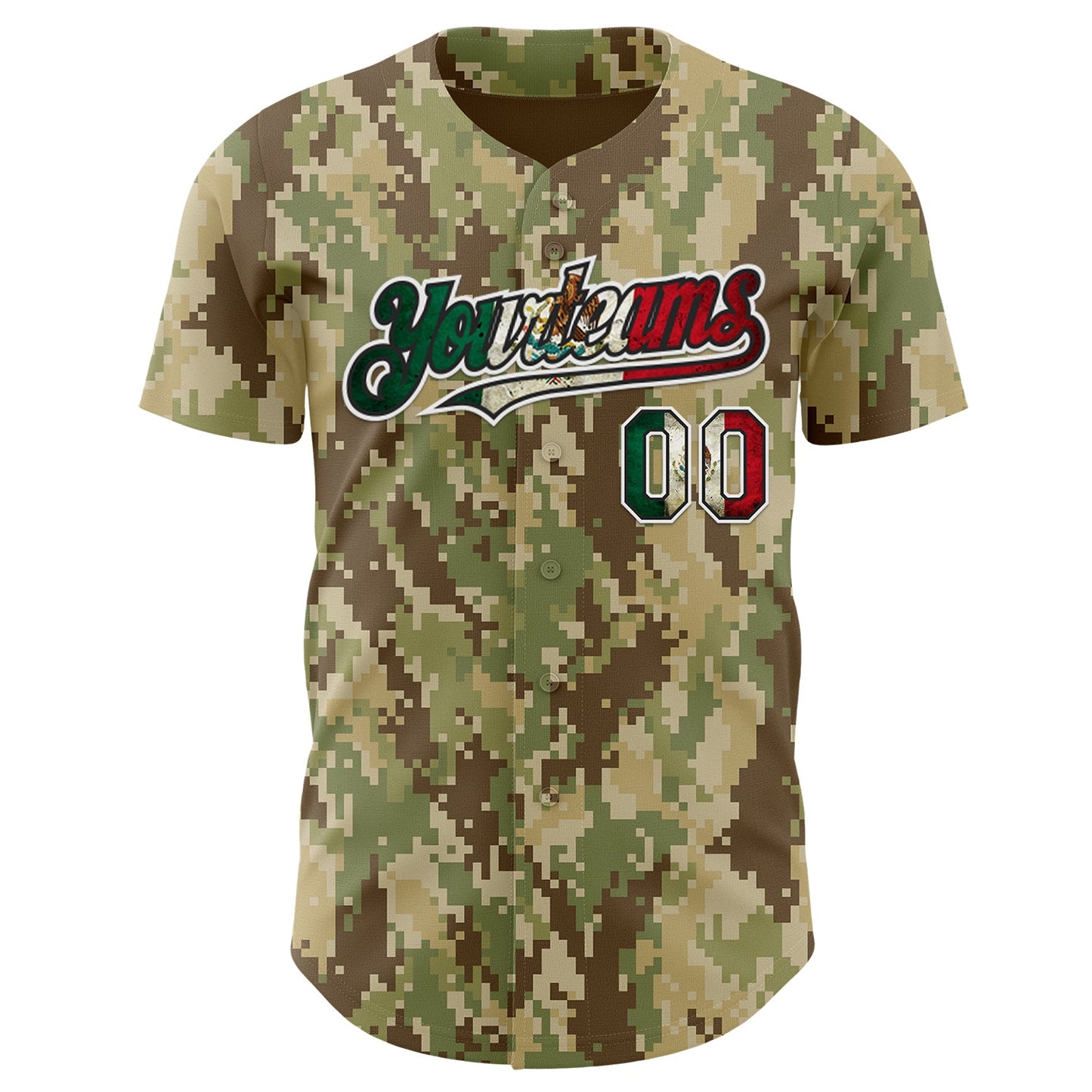 Custom Camo Vintage Mexican Flag Black White-Fire Red Digital Camouflage Authentic Baseball Jersey view 2