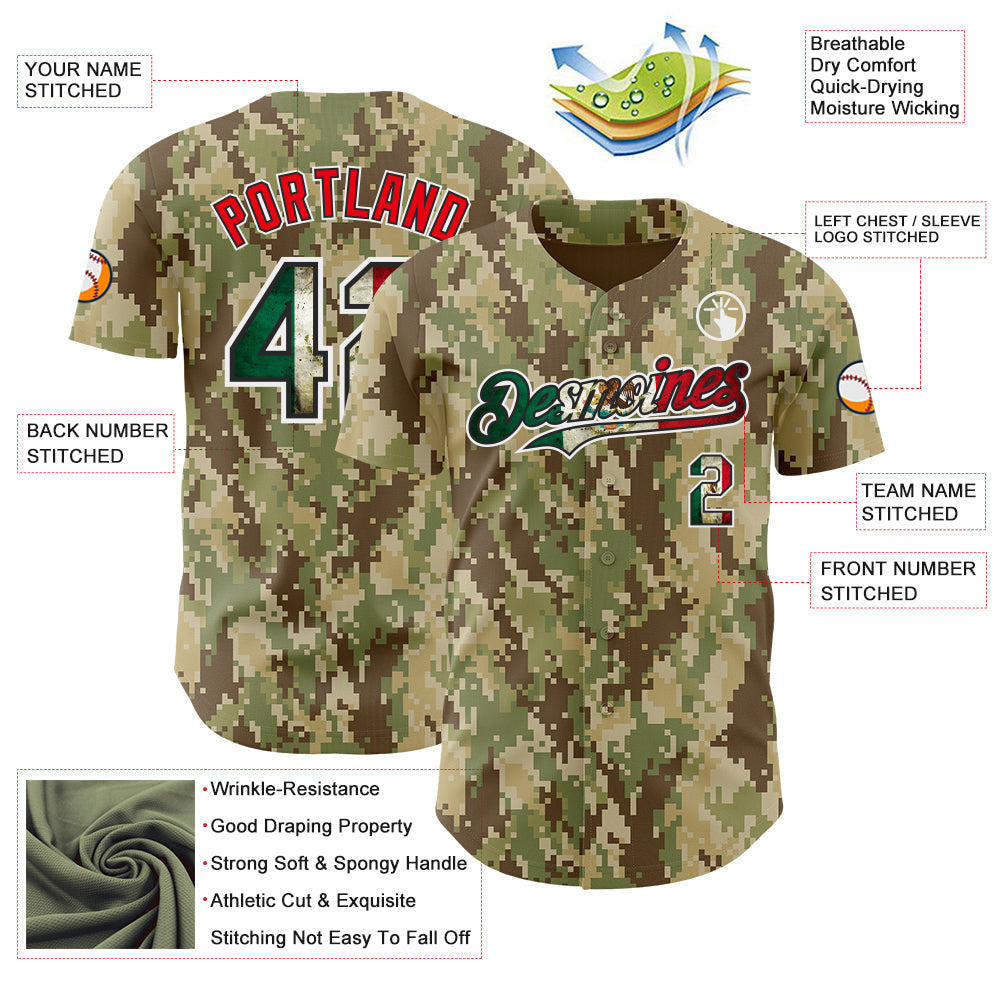 Custom Camo Vintage Mexican Flag Black White-Fire Red Digital Camouflage Authentic Baseball Jersey view 3