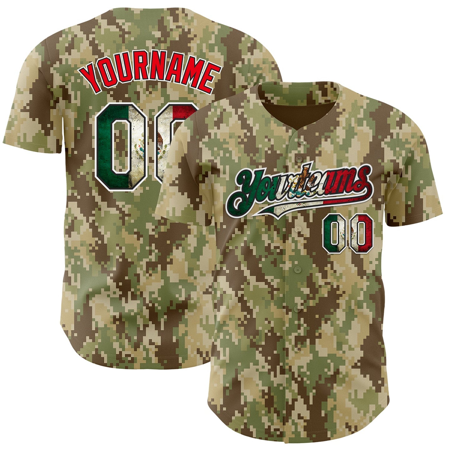 Custom Camo Vintage Mexican Flag Black White-Fire Red Digital Camouflage Authentic Baseball Jersey - Main View