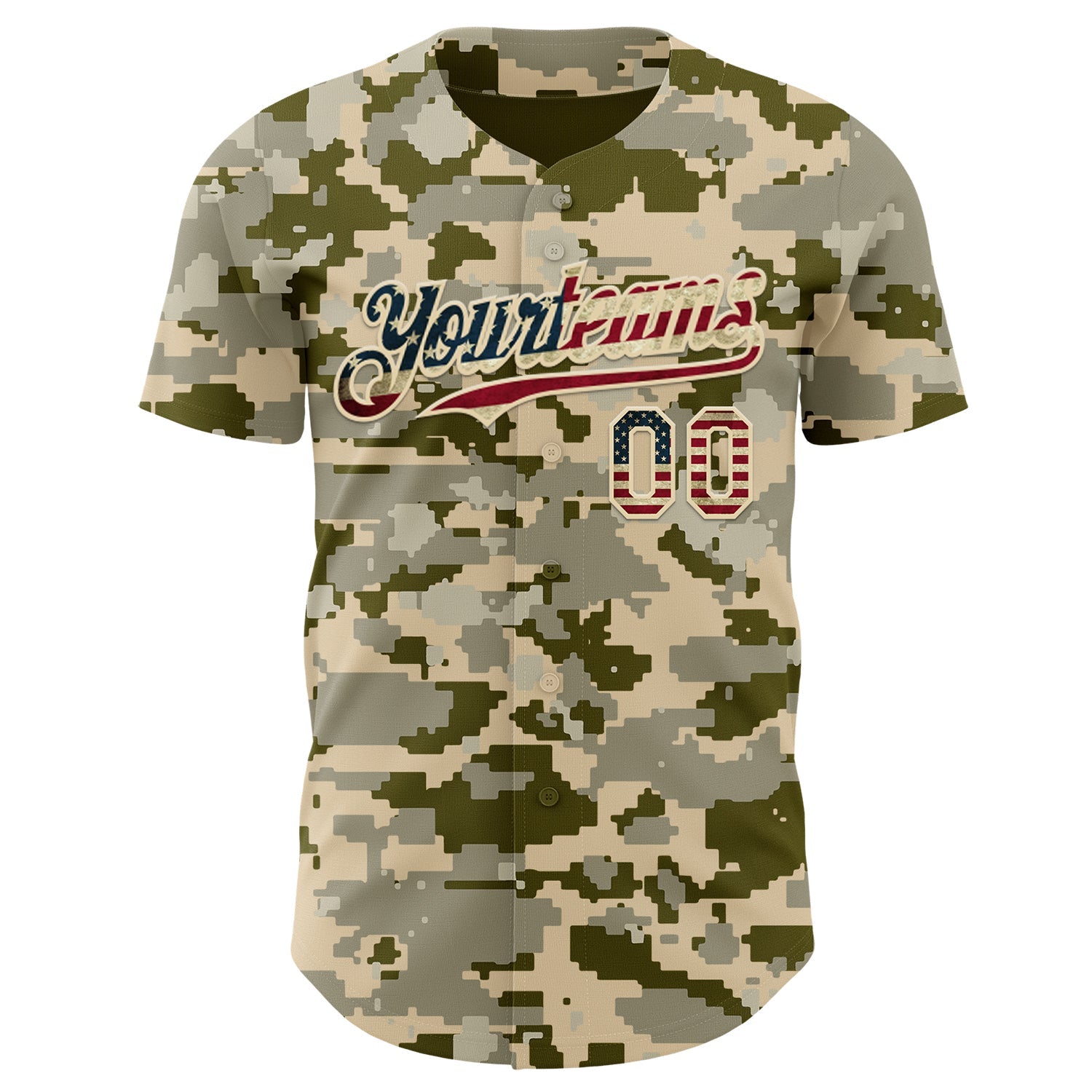 Custom Camo Vintage USA Flag Cream-Black Digital Camouflage Authentic Baseball Jersey view 2