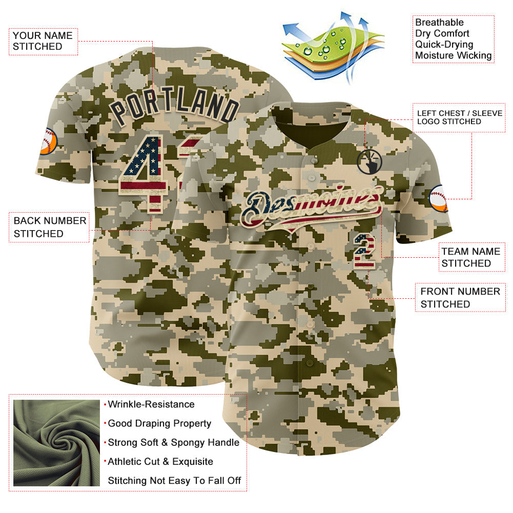 Custom Camo Vintage USA Flag Cream-Black Digital Camouflage Authentic Baseball Jersey view 3