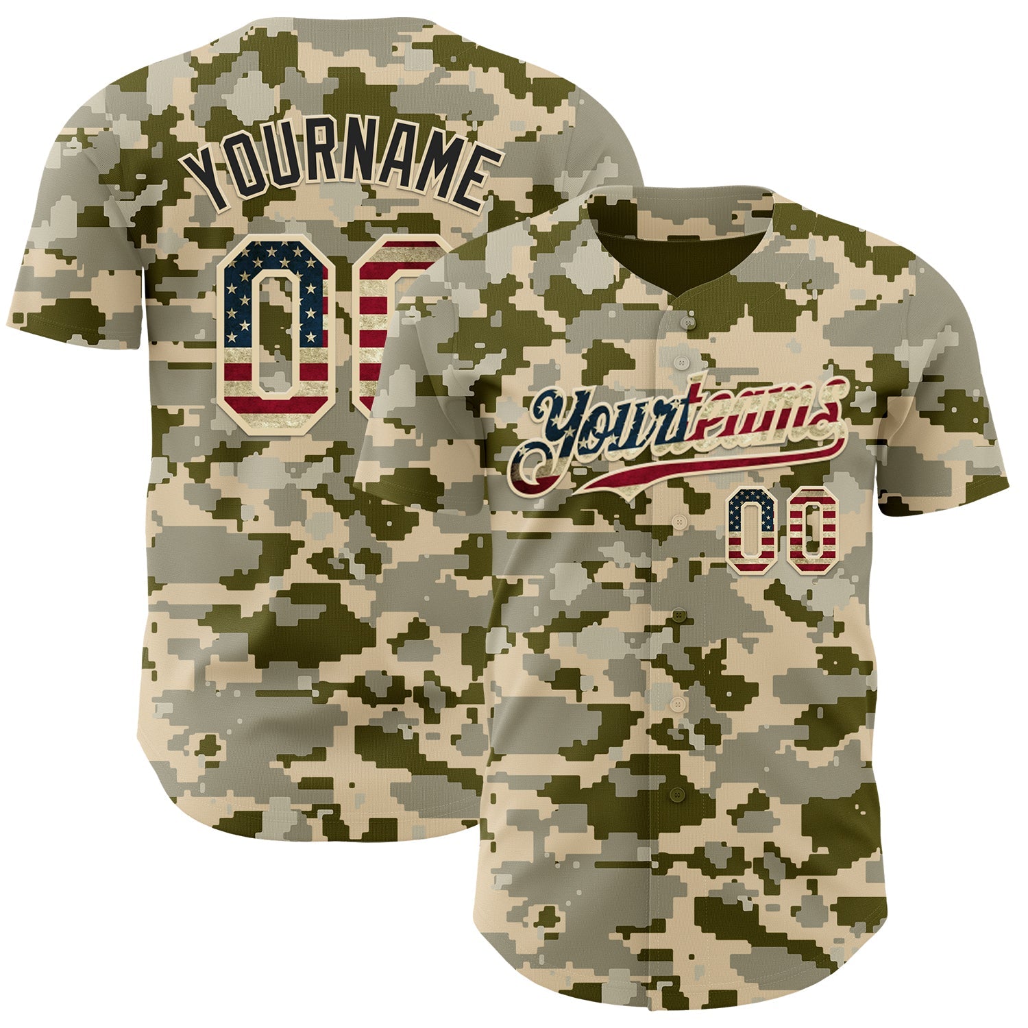 Custom Camo Vintage USA Flag Cream-Black Digital Camouflage Authentic Baseball Jersey - Main View