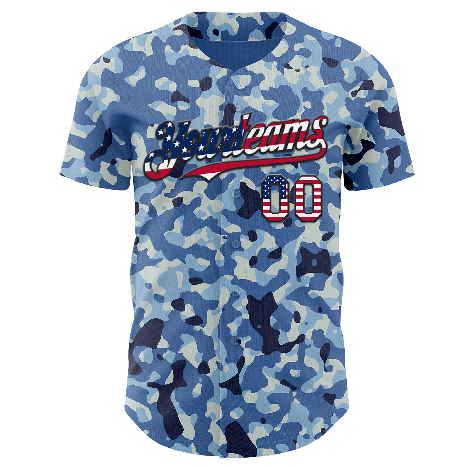 Custom Camo USA Flag Black-White Blue Ocean Camouflage Authentic Baseball Jersey view 2