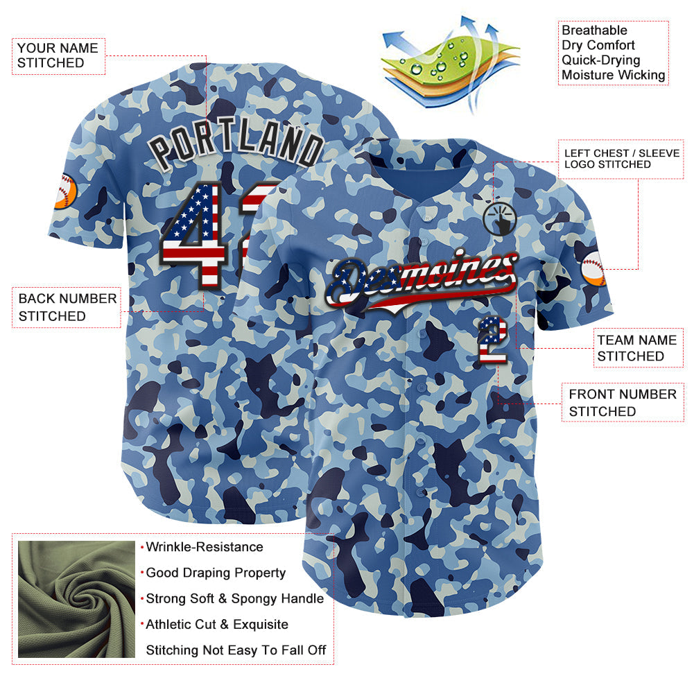 Custom Camo USA Flag Black-White Blue Ocean Camouflage Authentic Baseball Jersey view 3