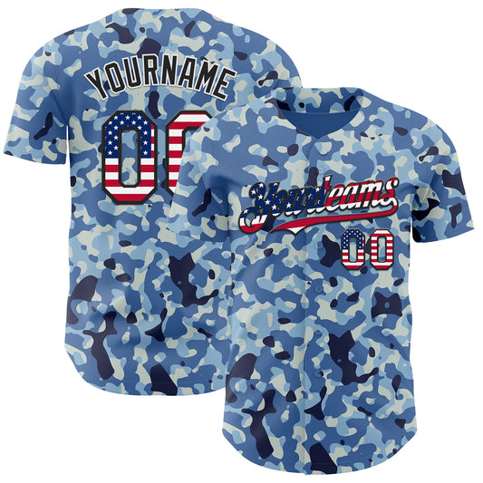 Custom Camo USA Flag Black-White Blue Ocean Camouflage Authentic Baseball Jersey - Main View