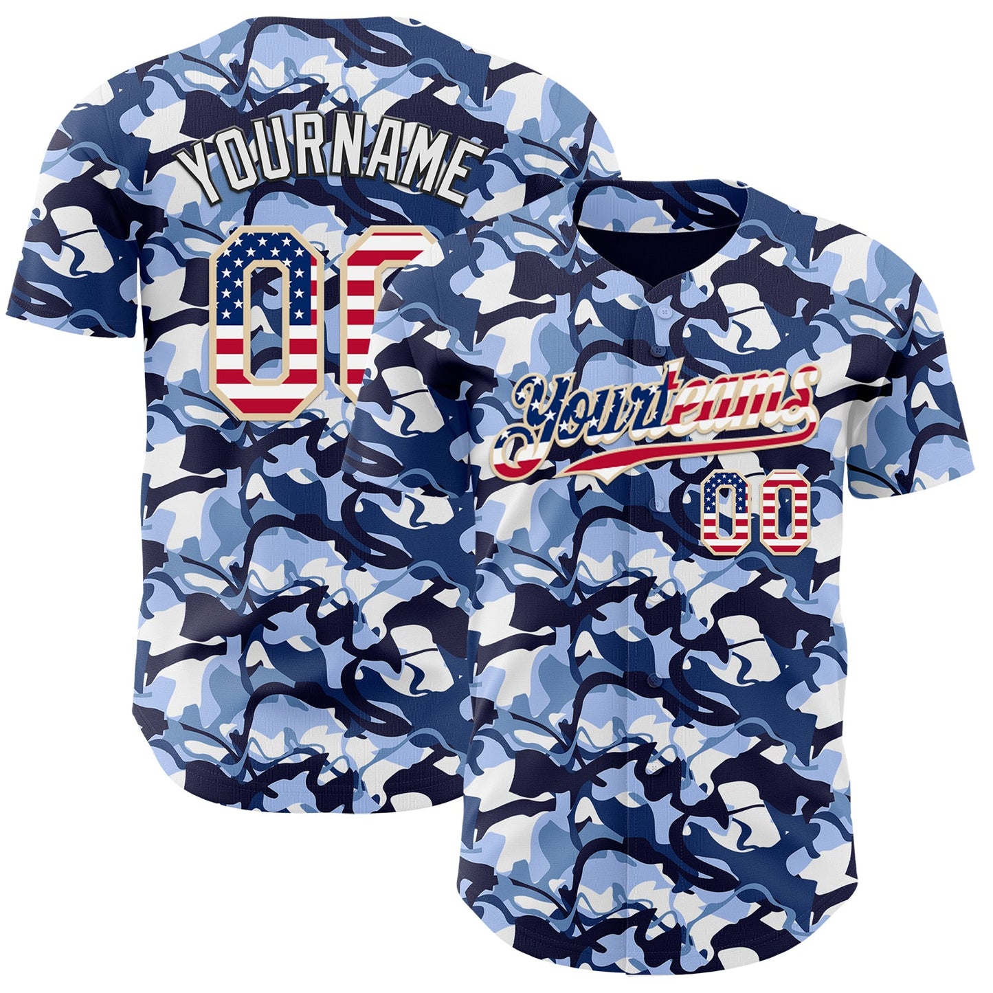 Custom Camo USA Flag City Cream Black-White Blue Ocean Camouflage Authentic Baseball Jersey - Main View