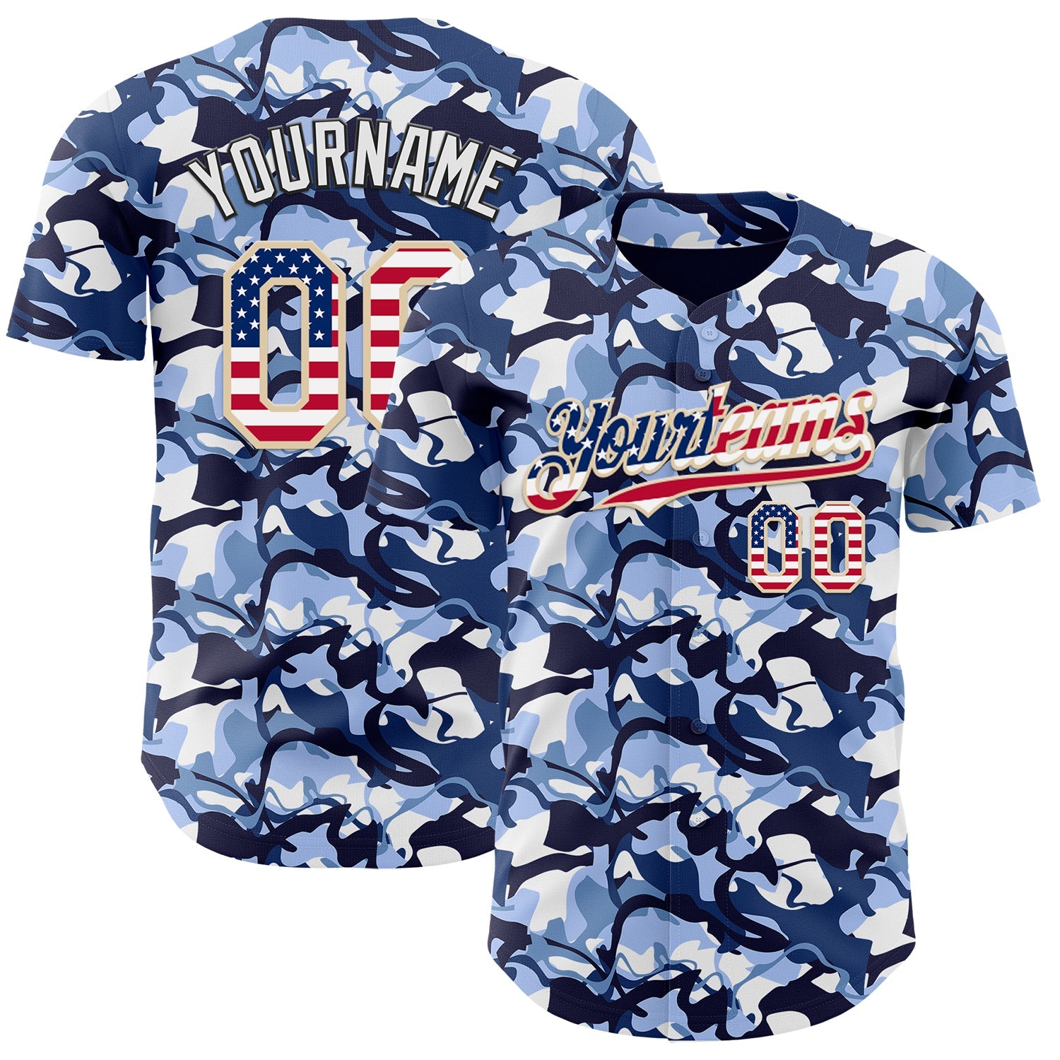 Custom Camo USA Flag City Cream Black-White Blue Ocean Camouflage Authentic Baseball Jersey - Main View