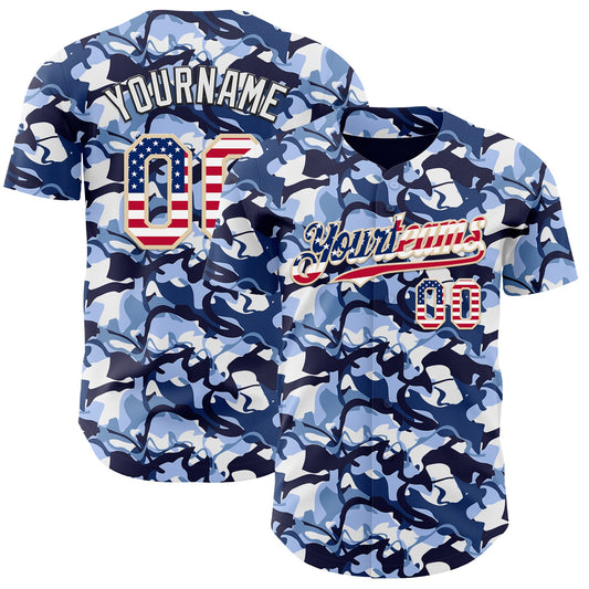 Custom Camo USA Flag City Cream Black-White Blue Ocean Camouflage Authentic Baseball Jersey - Main View