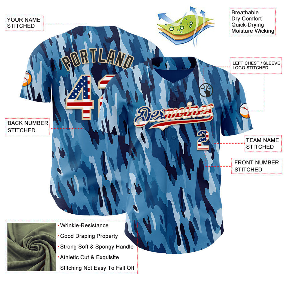 Custom Camo USA Flag City Cream-Black Blue Ocean Camouflage Authentic Baseball Jersey view 3
