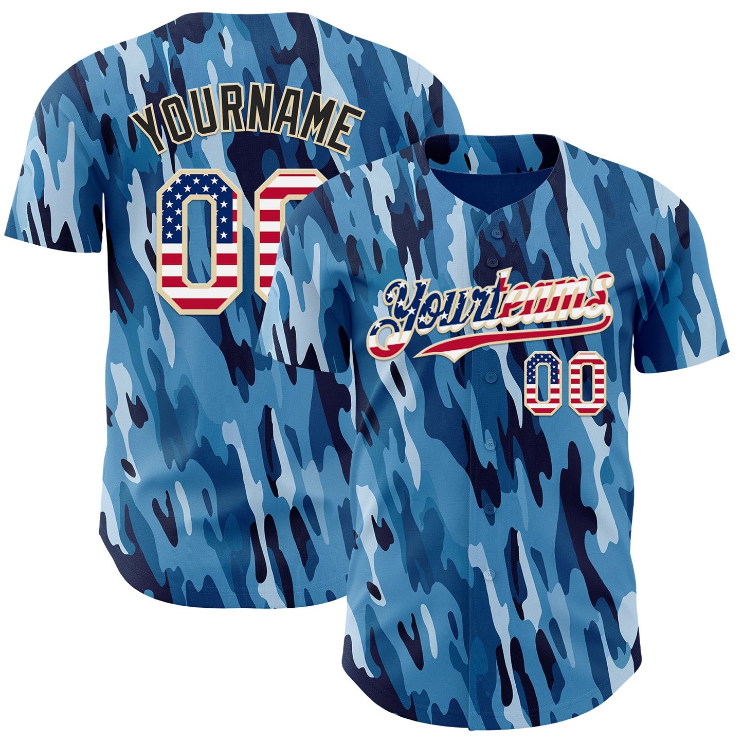 Custom Camo USA Flag City Cream-Black Blue Ocean Camouflage Authentic Baseball Jersey - Main View
