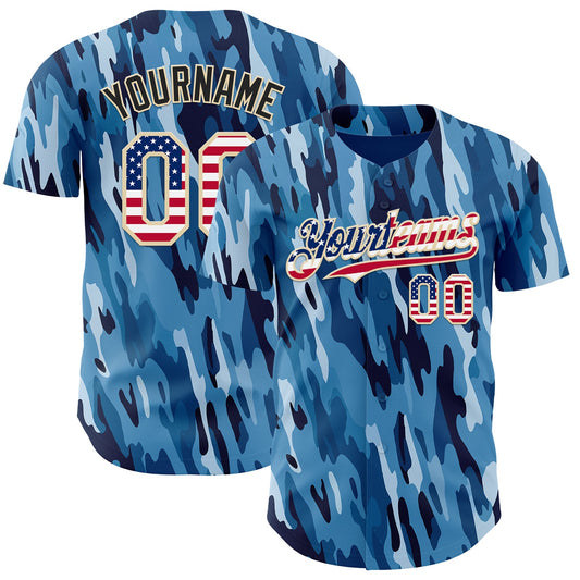 Custom Camo USA Flag City Cream-Black Blue Ocean Camouflage Authentic Baseball Jersey - Main View
