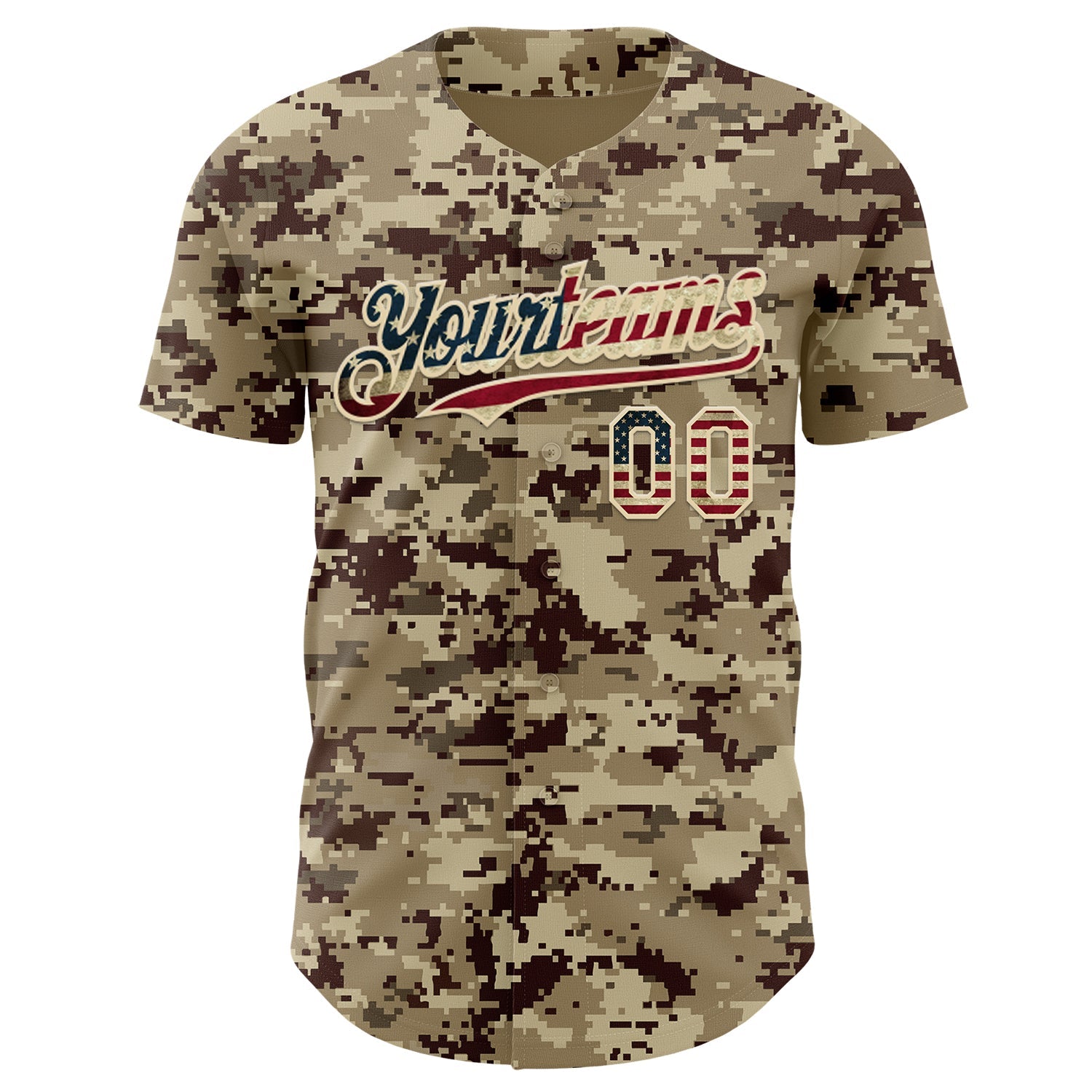 Custom Camo Vintage USA Flag Cream-Black Digital Camouflage Authentic Baseball Jersey view 2