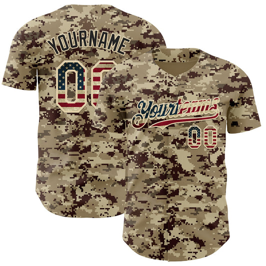 Custom Camo Vintage USA Flag Cream-Black Digital Camouflage Authentic Baseball Jersey - Main View