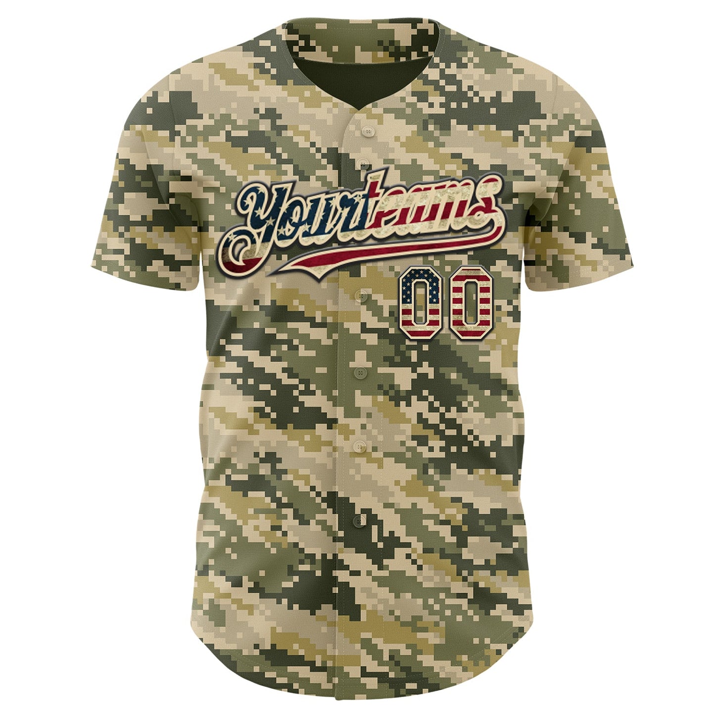 Custom Camo Vintage USA Flag Cream Black-US Navy Blue Digital Camouflage Authentic Baseball Jersey view 2