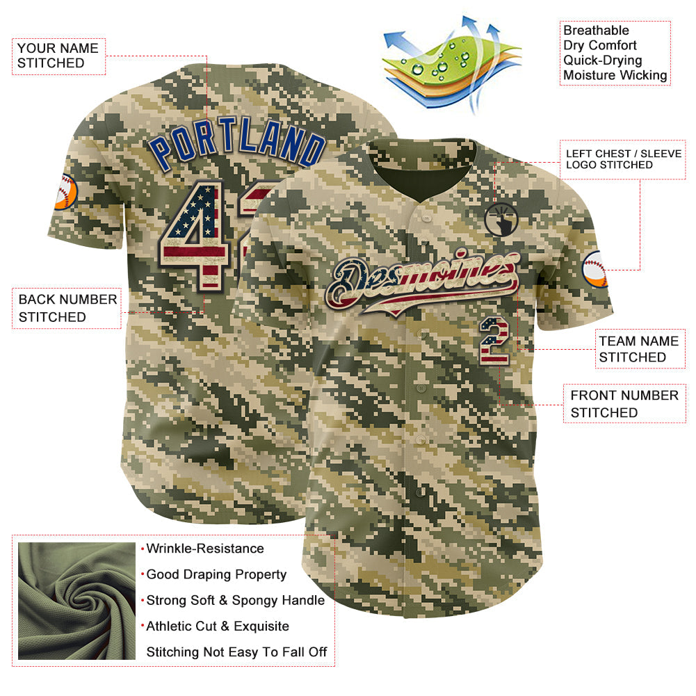 Custom Camo Vintage USA Flag Cream Black-US Navy Blue Digital Camouflage Authentic Baseball Jersey view 3