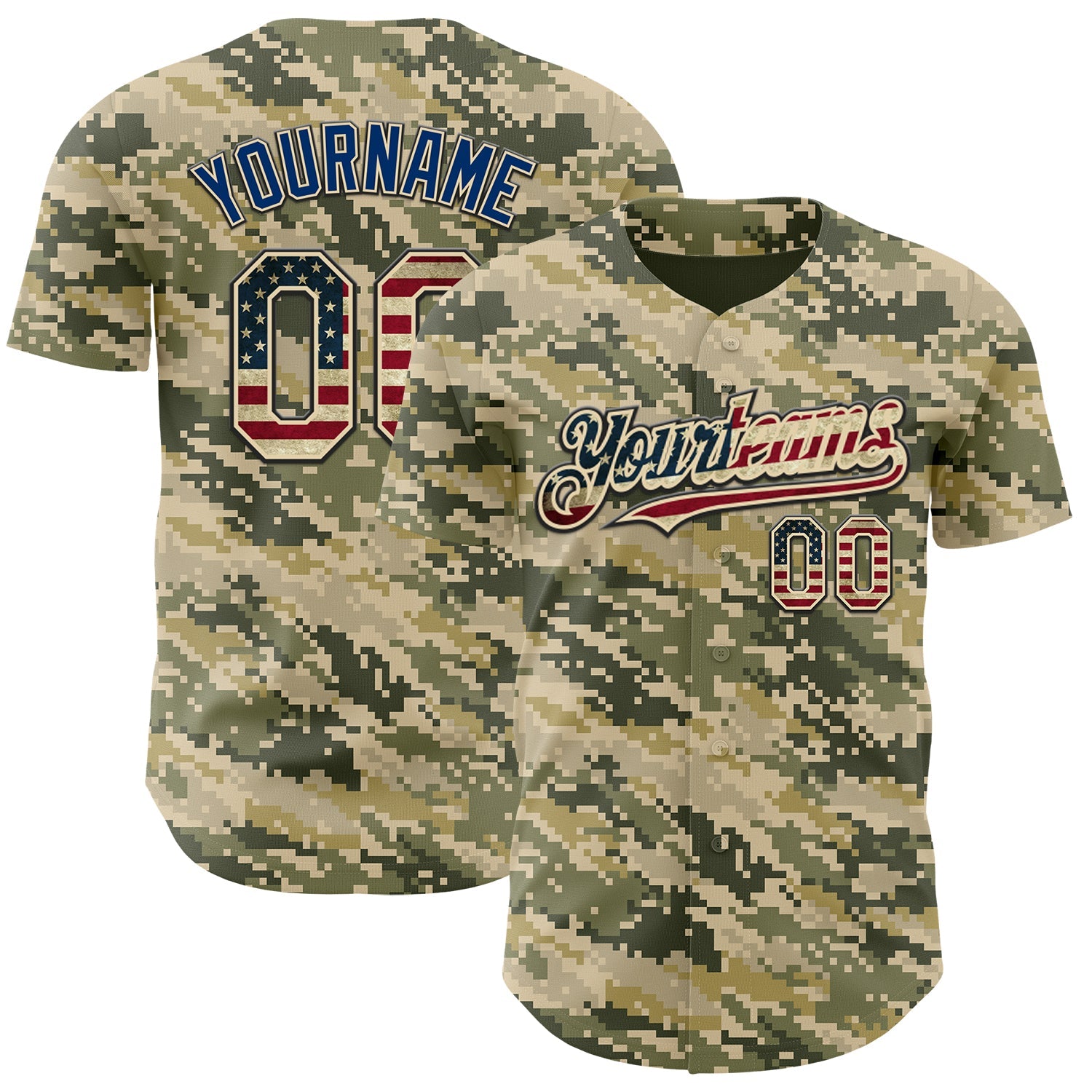 Custom Camo Vintage USA Flag Cream Black-US Navy Blue Digital Camouflage Authentic Baseball Jersey - Main View