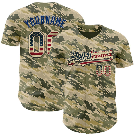 Custom Camo Vintage USA Flag Cream Black-US Navy Blue Digital Camouflage Authentic Baseball Jersey - Main View