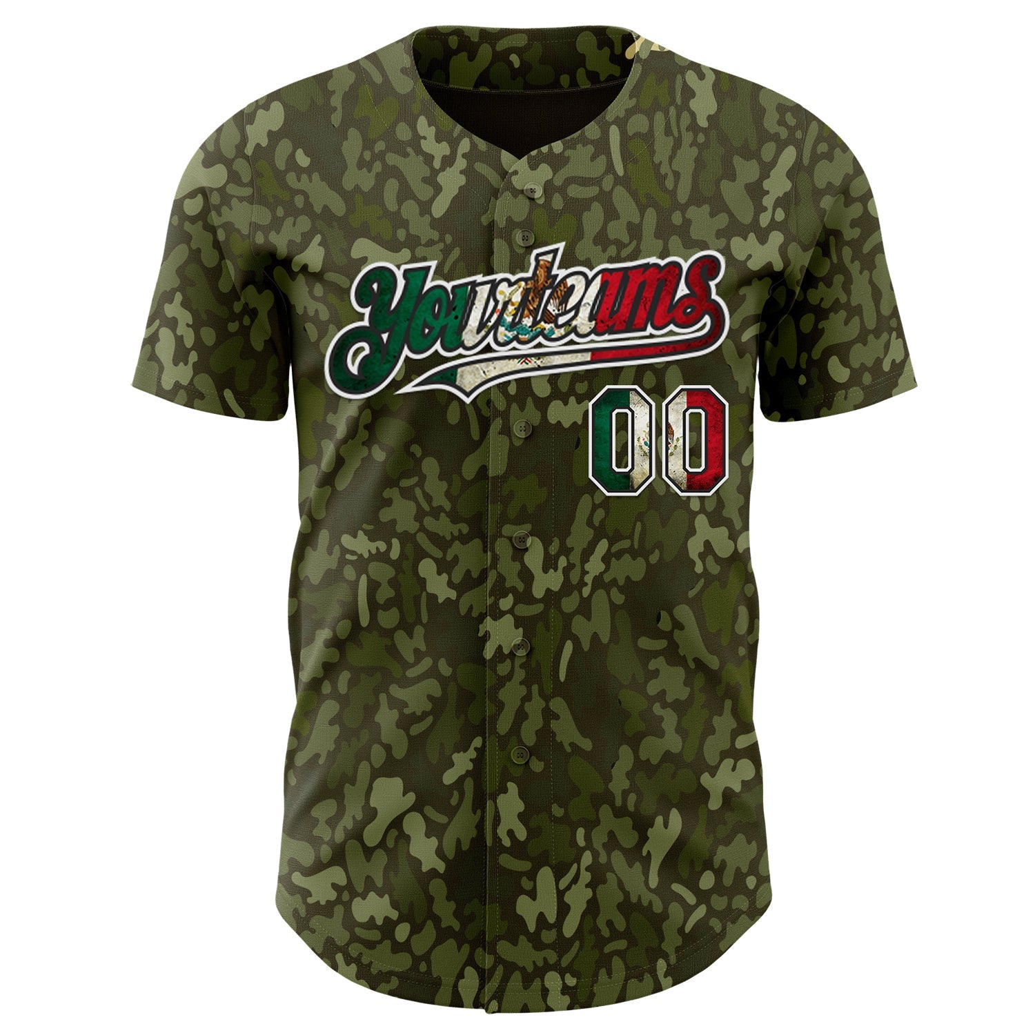 Custom Camo Vintage Mexican Flag Black White-Fire Red Woodland Camouflage Outdoor Authentic Baseball Jersey view 2