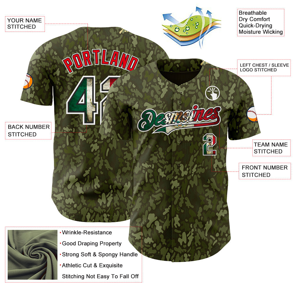 Custom Camo Vintage Mexican Flag Black White-Fire Red Woodland Camouflage Outdoor Authentic Baseball Jersey view 3
