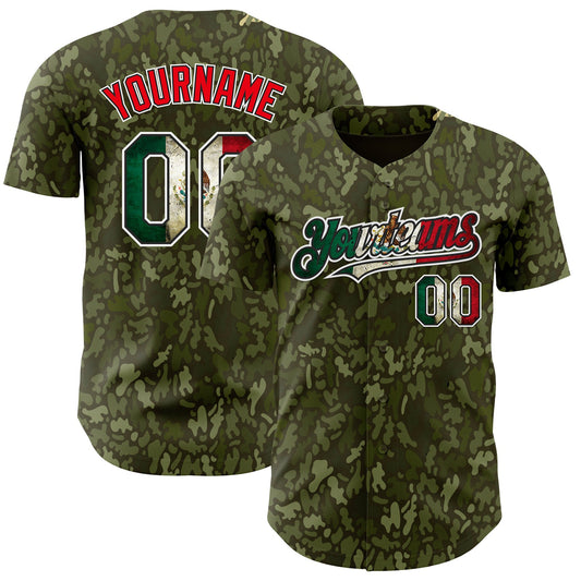 Custom Camo Vintage Mexican Flag Black White-Fire Red Woodland Camouflage Outdoor Authentic Baseball Jersey - Main View