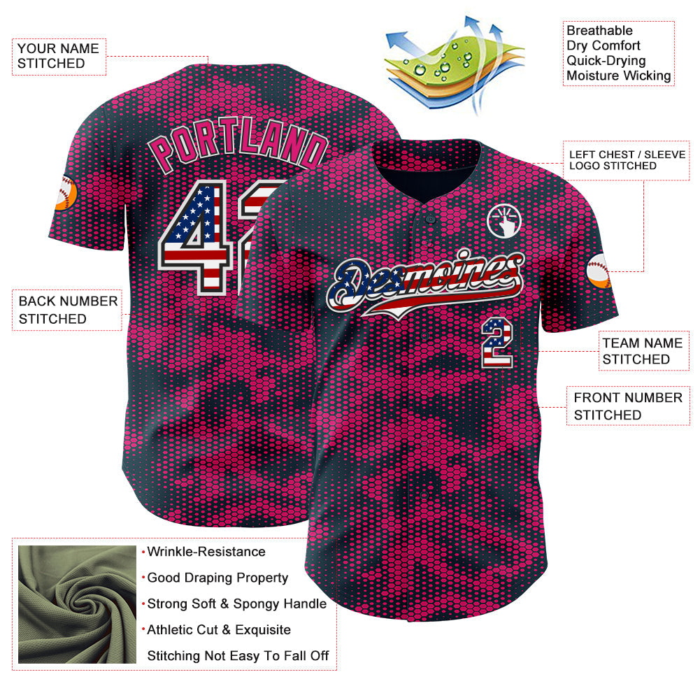 Custom Camo USA Flag Black White-Hot Pink Geometric Camouflage Authentic Baseball Jersey view 3