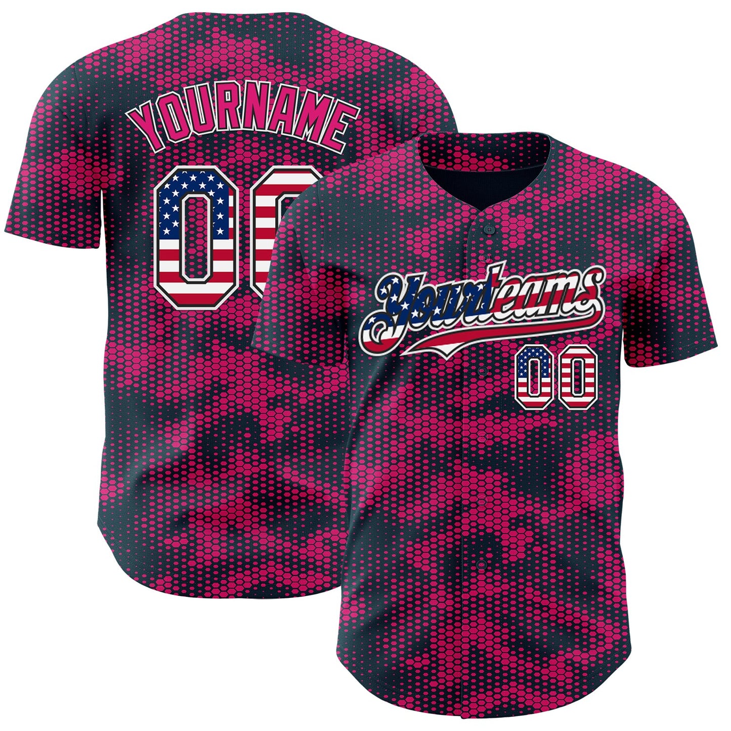 Custom Camo USA Flag Black White-Hot Pink Geometric Camouflage Authentic Baseball Jersey - Main View