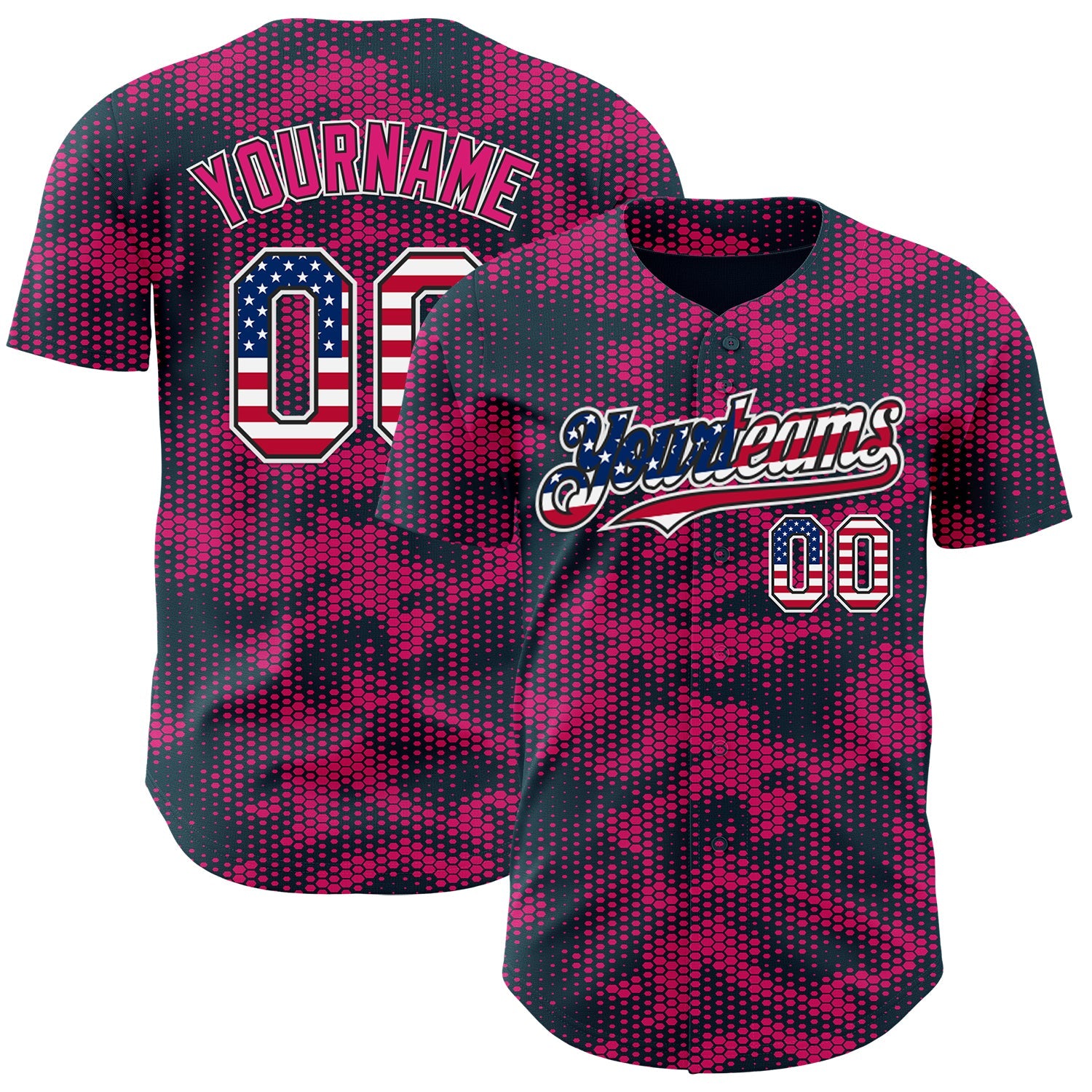 Custom Camo USA Flag Black White-Hot Pink Geometric Camouflage Authentic Baseball Jersey - Main View