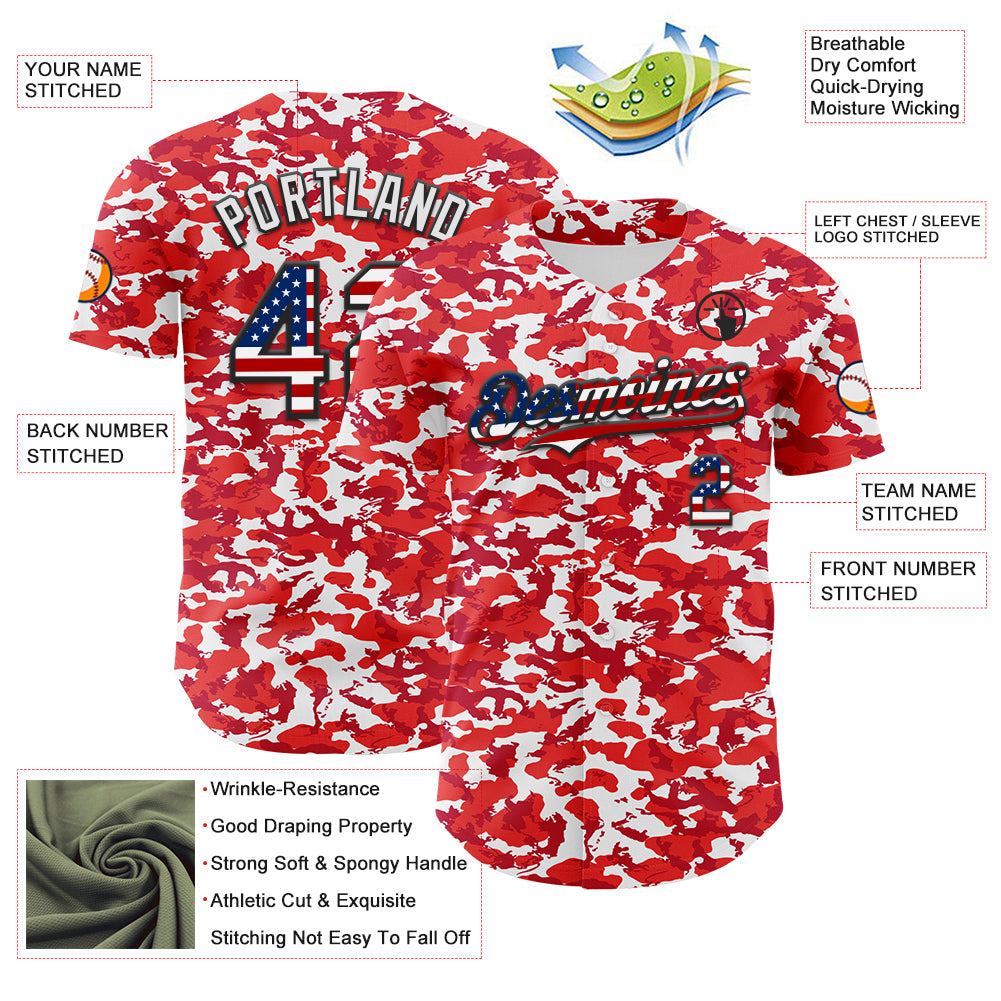 Custom Camo USA Flag Black-White Red Camouflage Authentic Baseball Jersey view 3