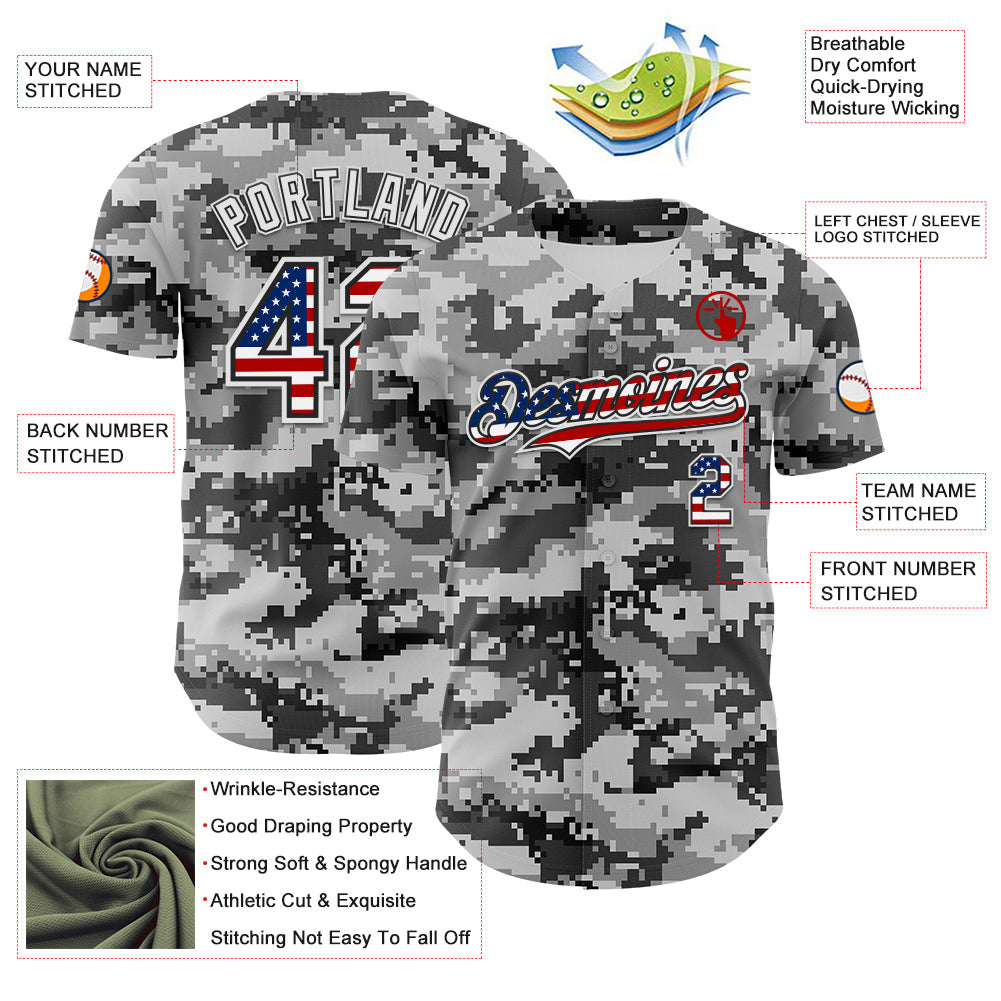 Custom Camo USA Flag Black-White Digital Camouflage Authentic Baseball Jersey view 3