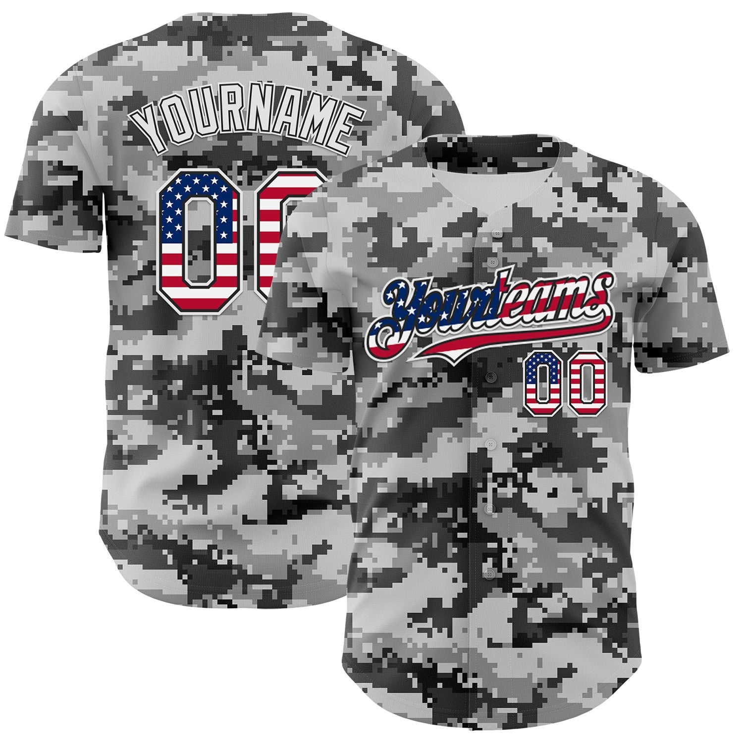 Custom Camo USA Flag Black-White Digital Camouflage Authentic Baseball Jersey - Main View